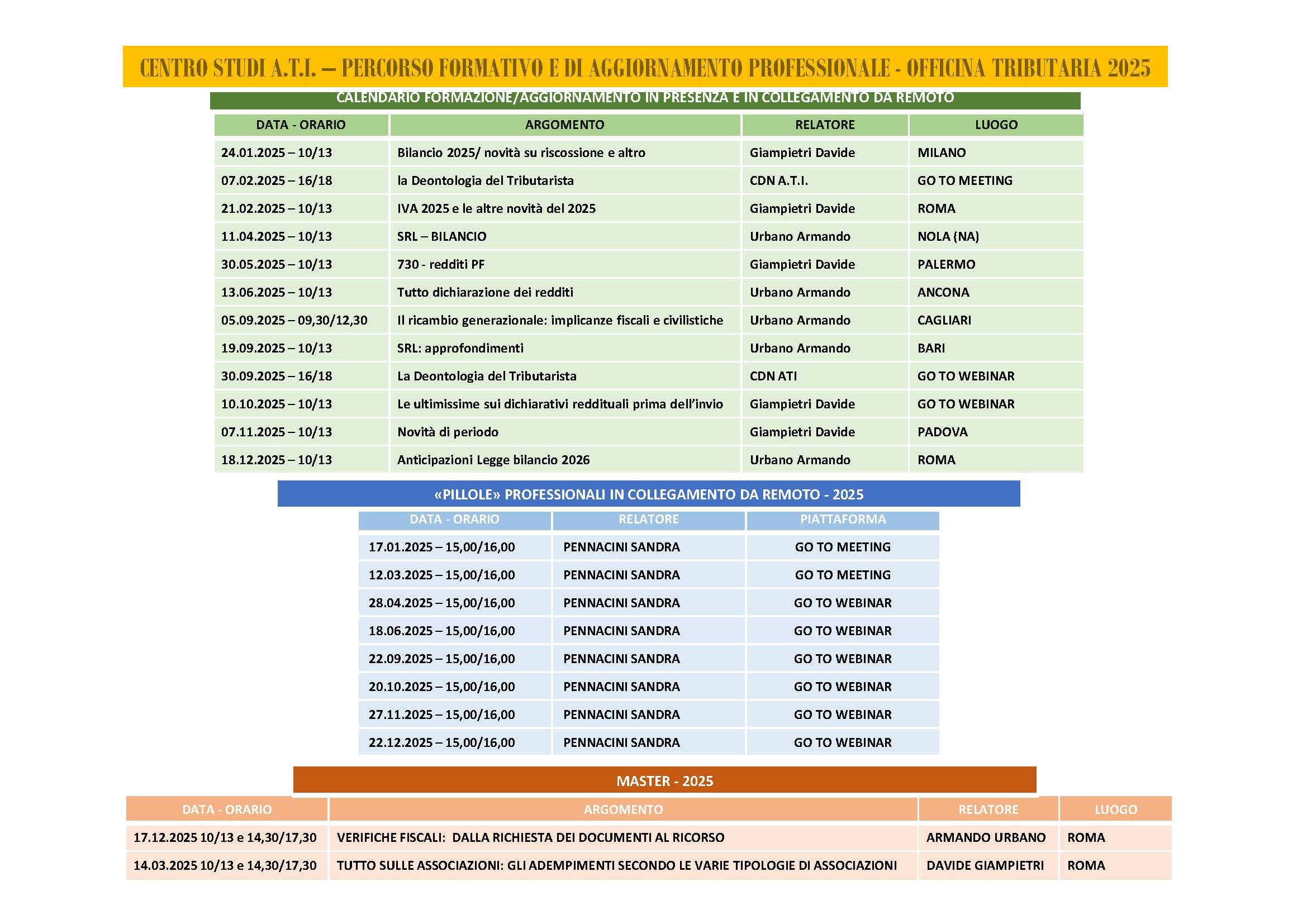 CALENDARIO AGGIORNATO AL 18.09.2025