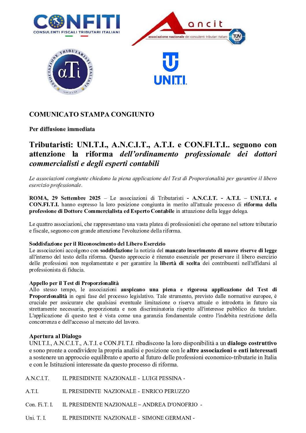 COMUNICATO STAMPA RIFORMA PROFESSIONI 02.10.2025